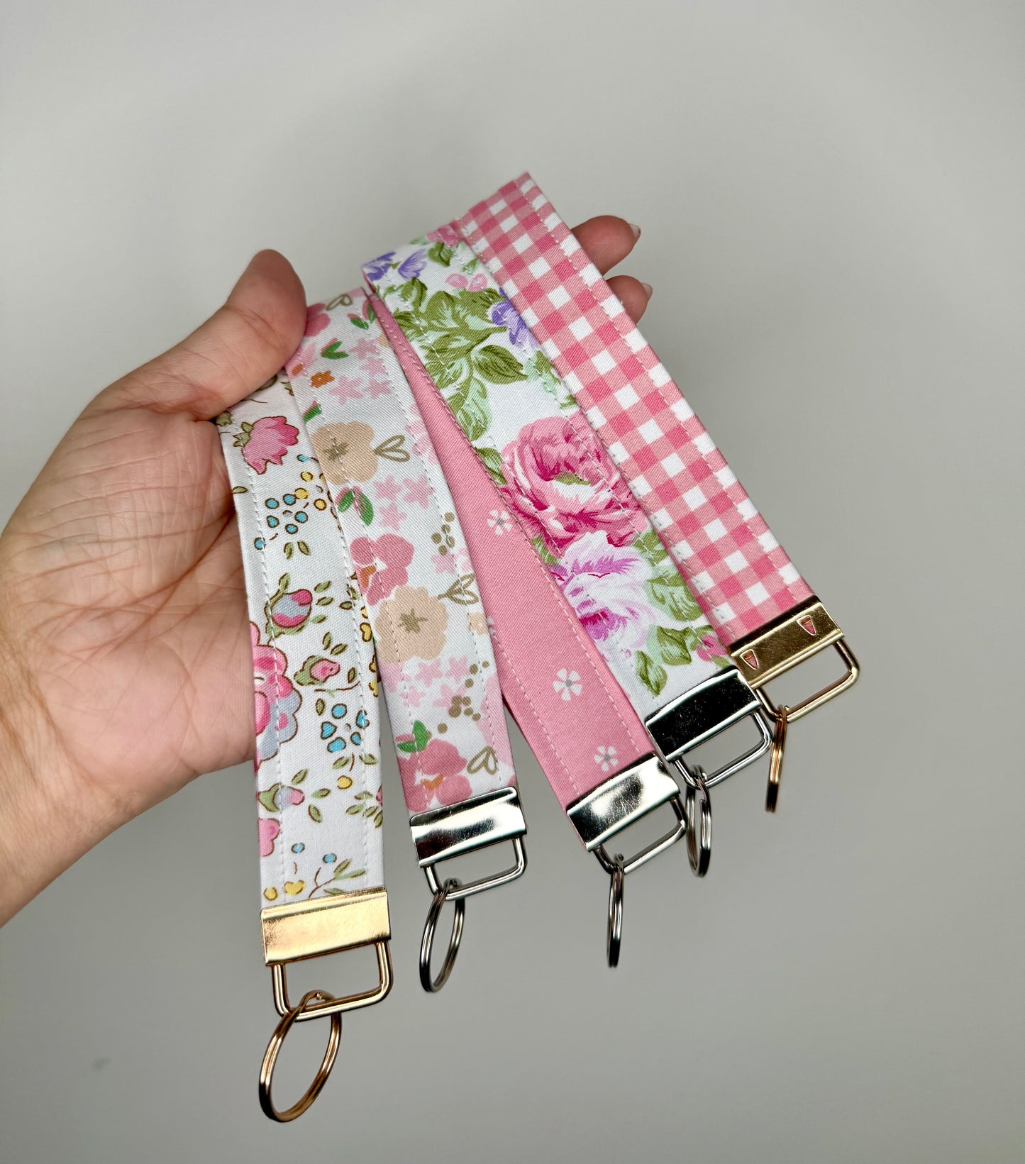 Handmade Cotton Fabric Keychain Wristlet Pink colors