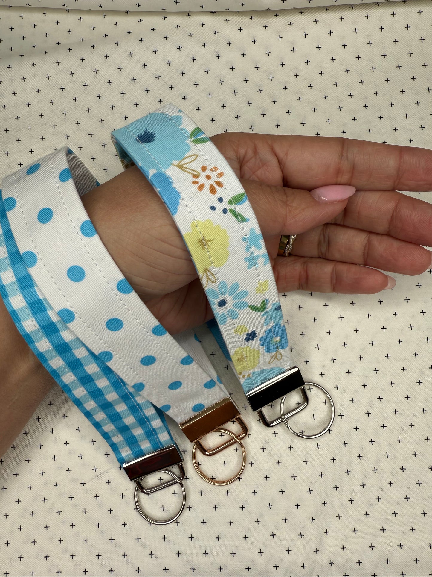 Handmade Cotton Fabric Blue Wristlet Keychain Floral & Gingham Patterns