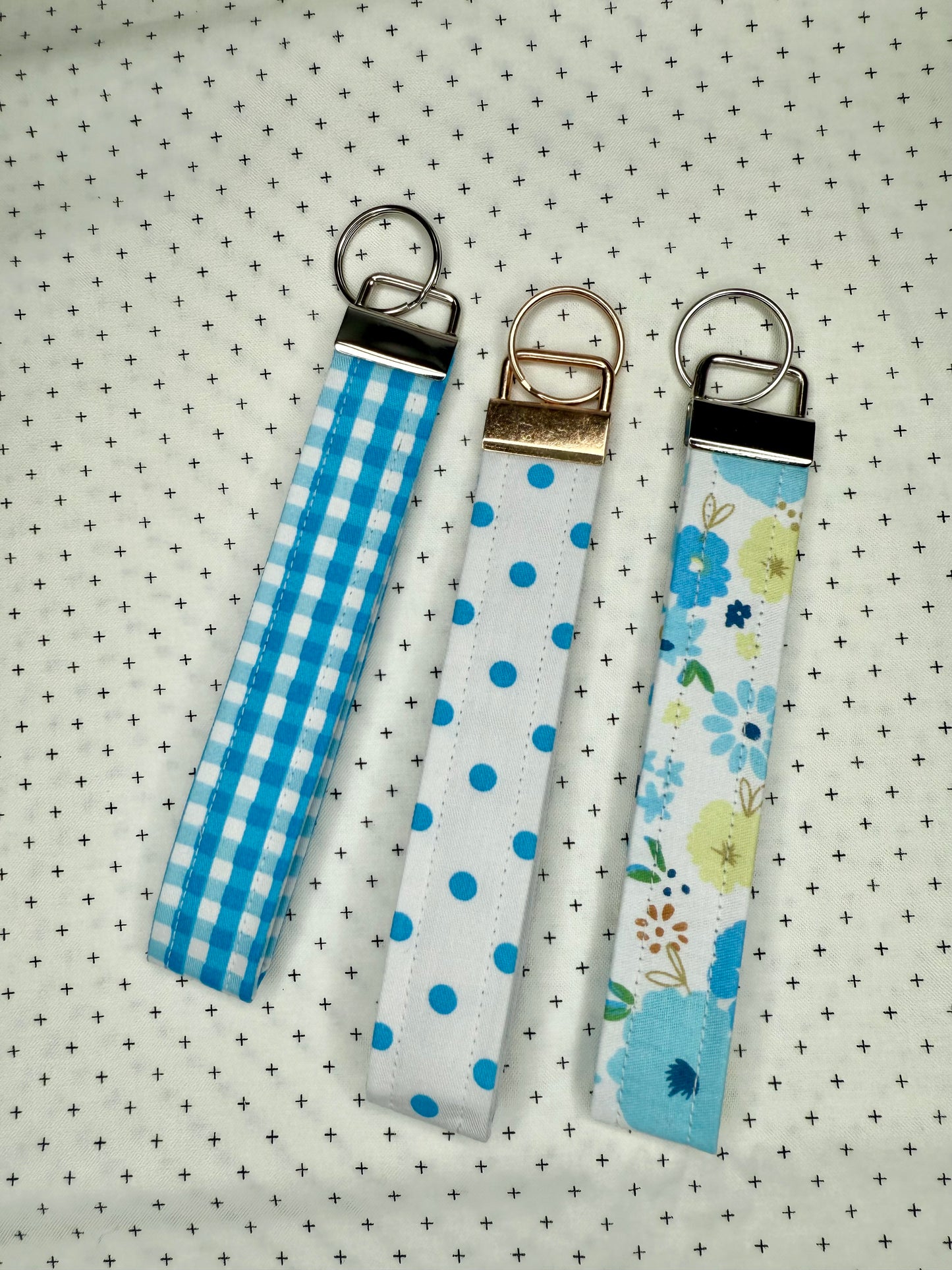 Handmade Cotton Fabric Blue Wristlet Keychain Floral & Gingham Patterns