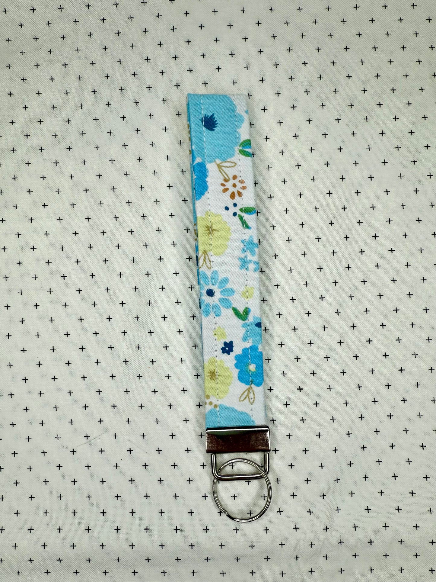 Handmade Cotton Fabric Blue Wristlet Keychain Floral & Gingham Patterns