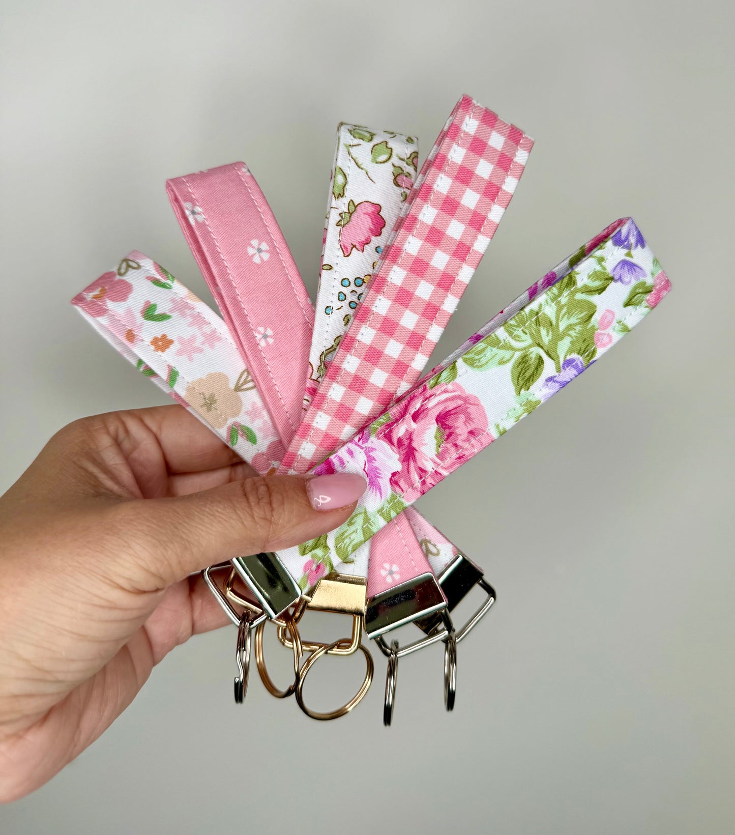 Handmade Cotton Fabric Keychain Wristlet Pink colors
