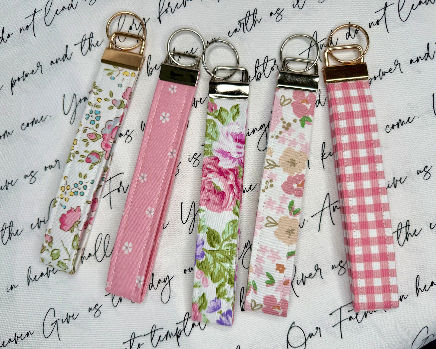 Handmade Cotton Fabric Keychain Wristlet Pink colors