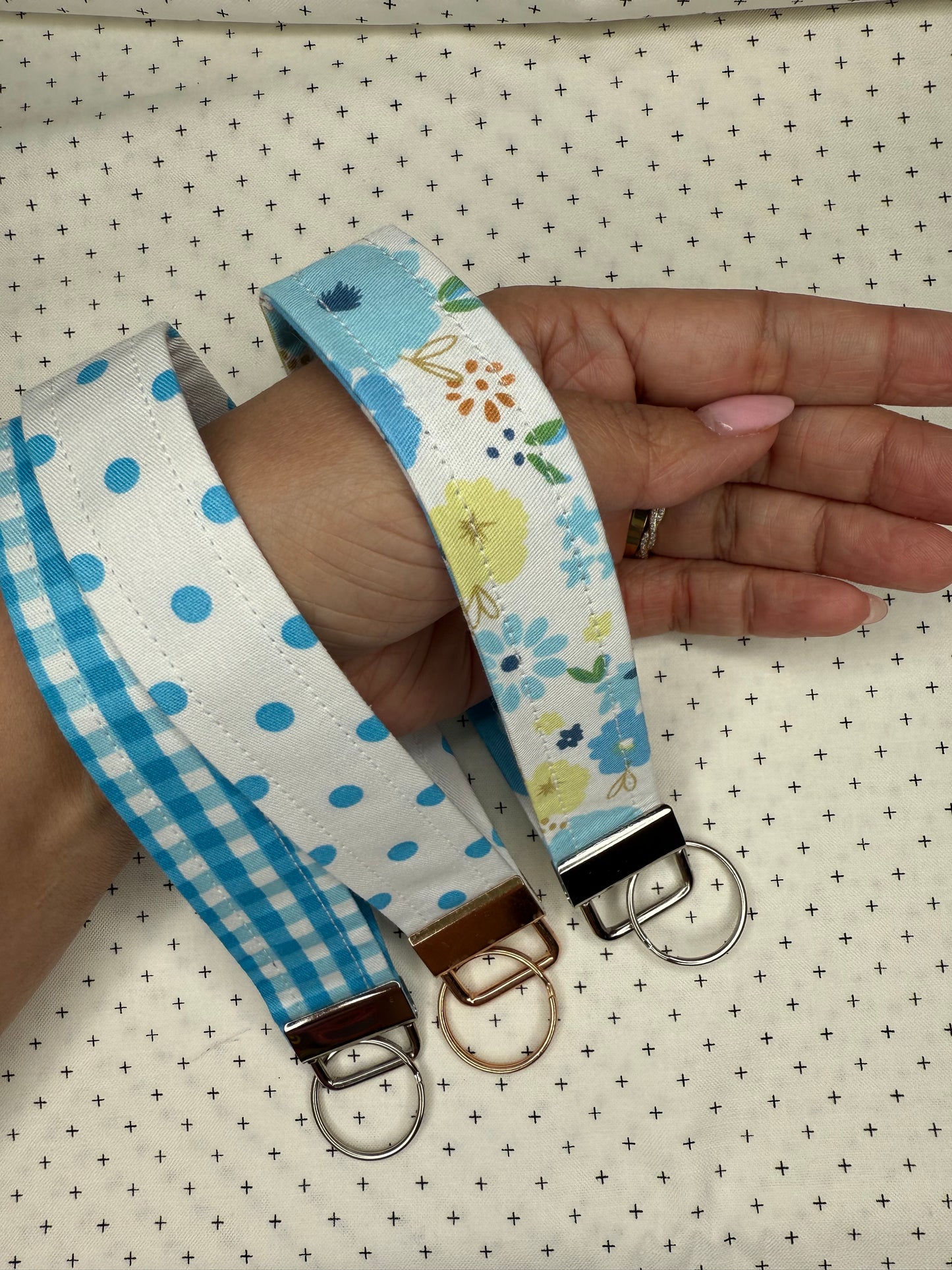 Handmade Cotton Fabric Blue Wristlet Keychain Floral & Gingham Patterns