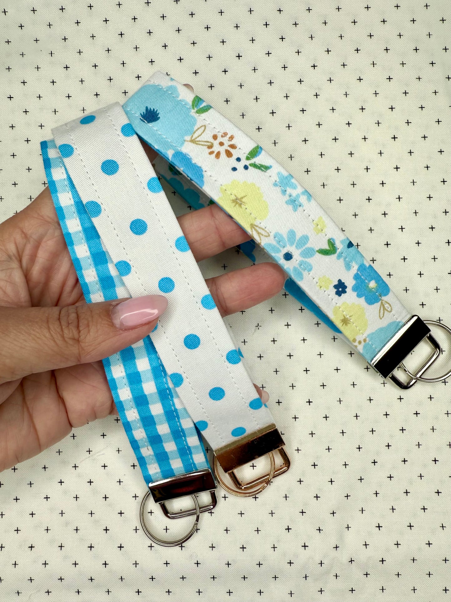 Handmade Cotton Fabric Blue Wristlet Keychain Floral & Gingham Patterns