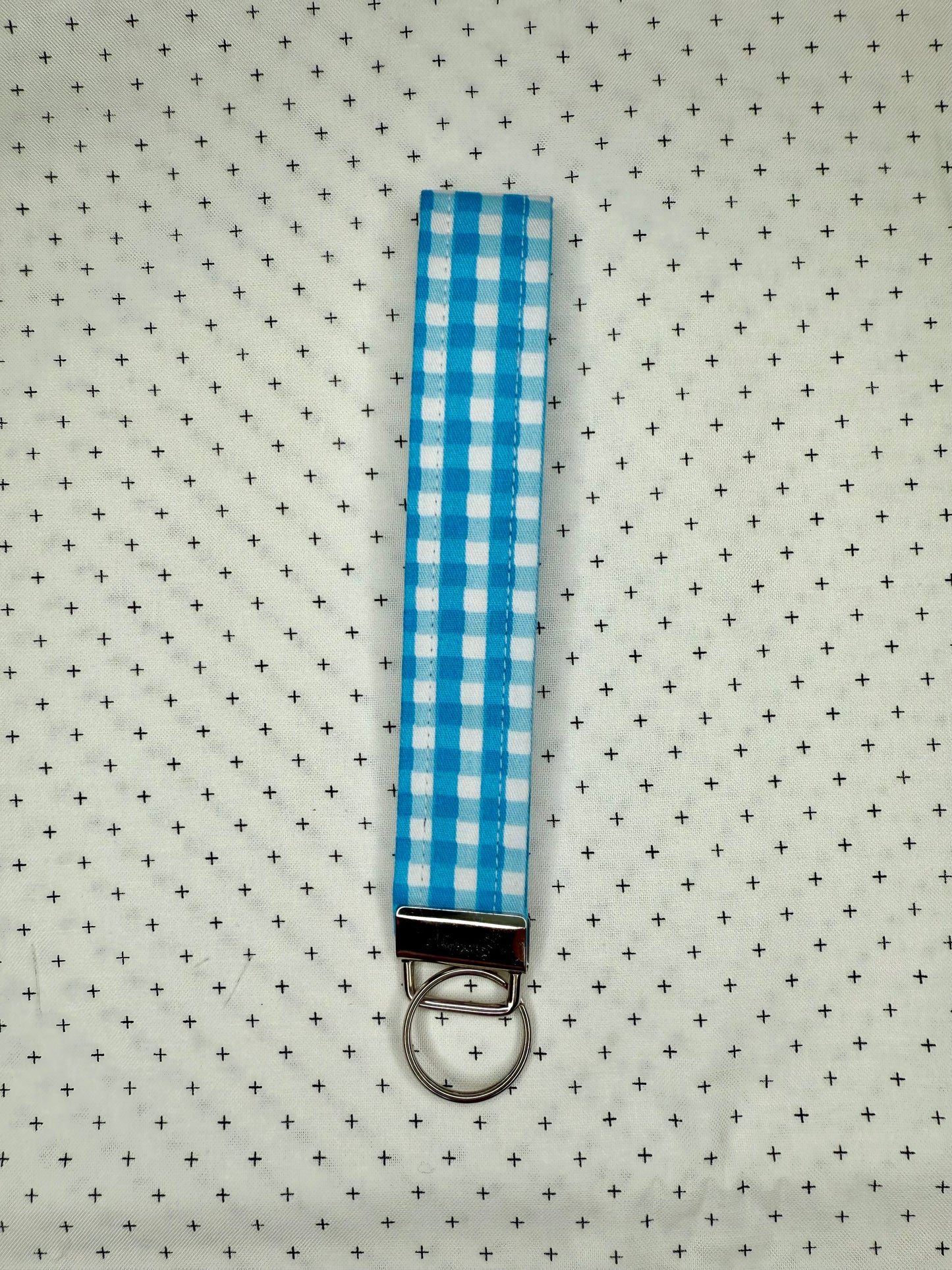 Handmade Cotton Fabric Blue Wristlet Keychain Floral & Gingham Patterns