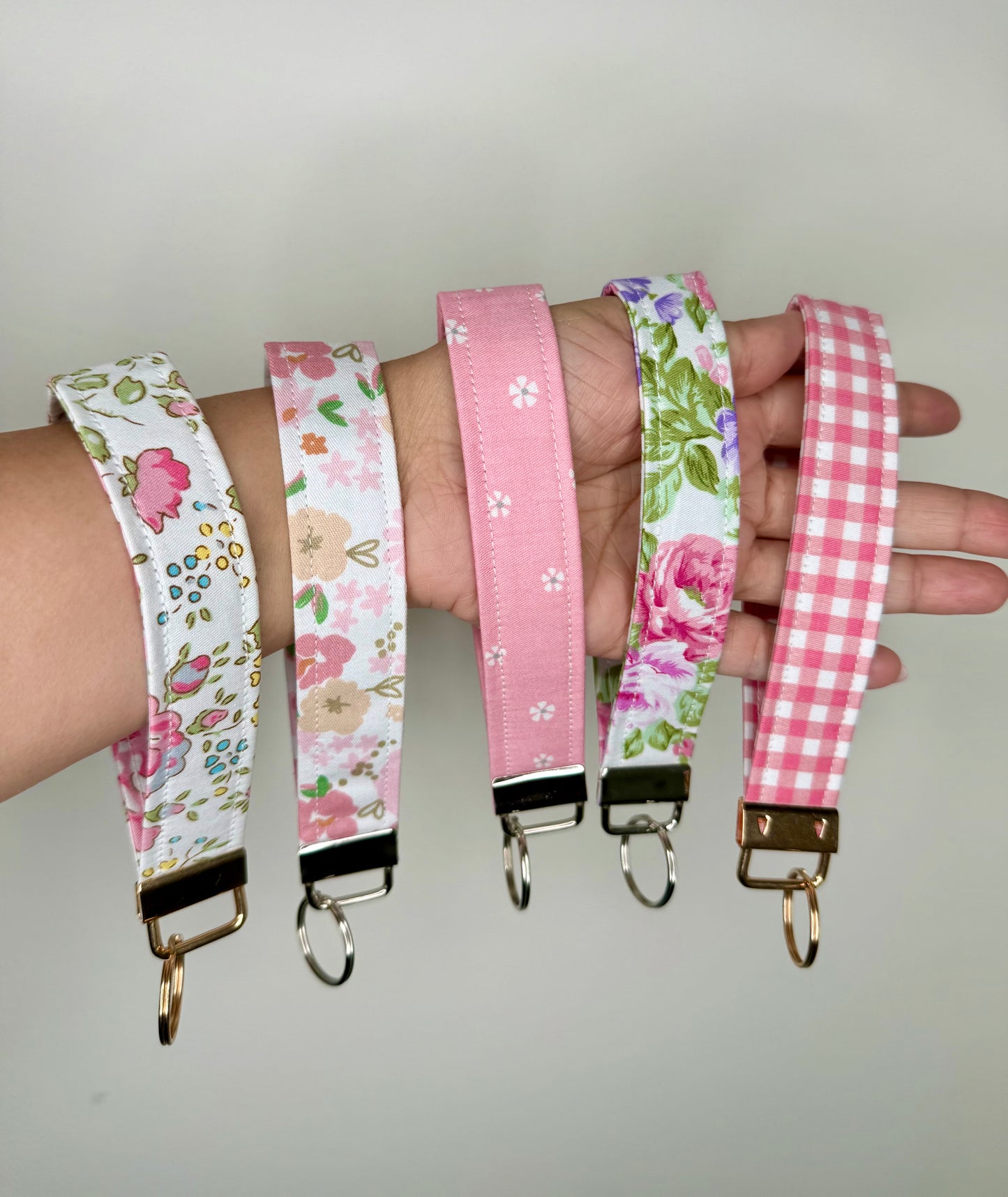 Handmade Cotton Fabric Keychain Wristlet Pink colors