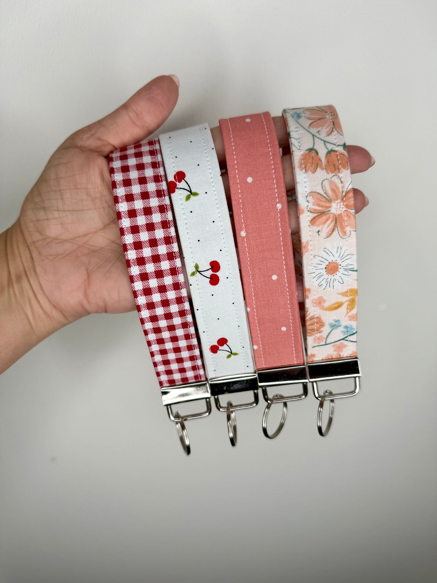 Handmade Cotton Fabric Keychain Wristlet Red peach colors