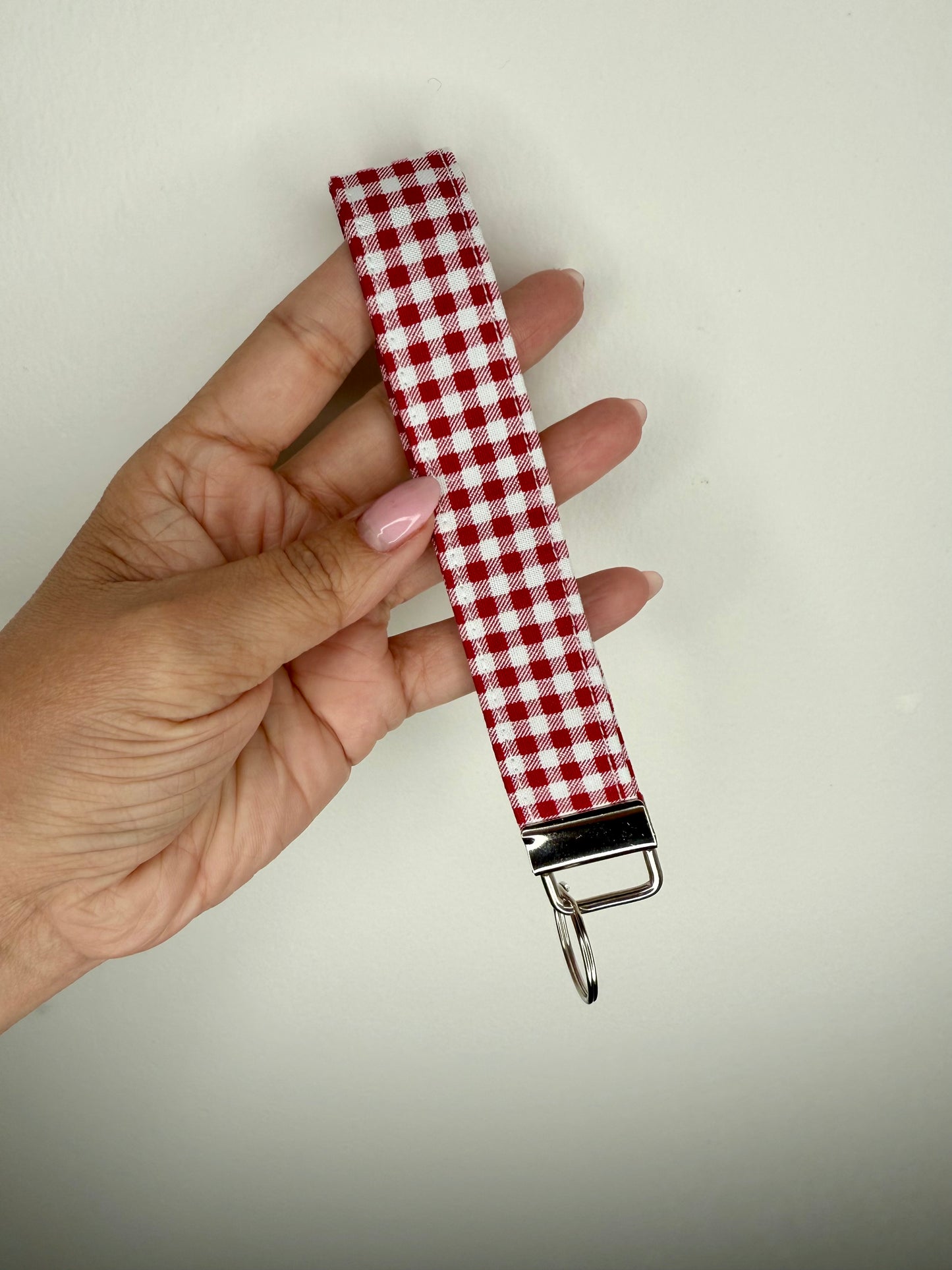 Handmade Cotton Fabric Keychain Wristlet Red peach colors