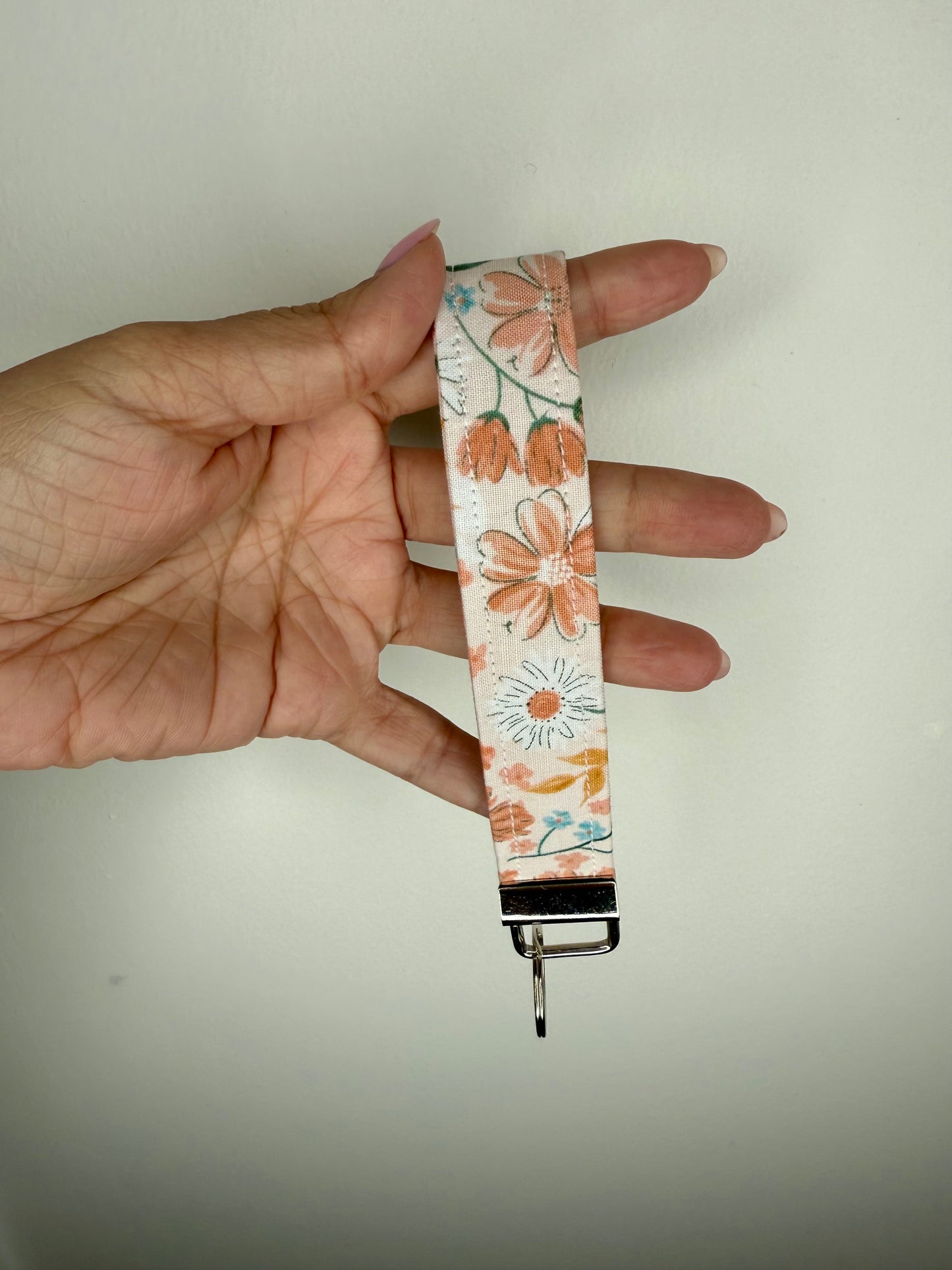 Handmade Cotton Fabric Keychain Wristlet Red peach colors