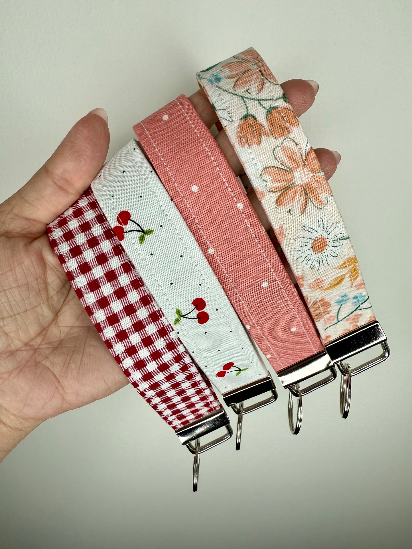 Handmade Cotton Fabric Keychain Wristlet Red peach colors