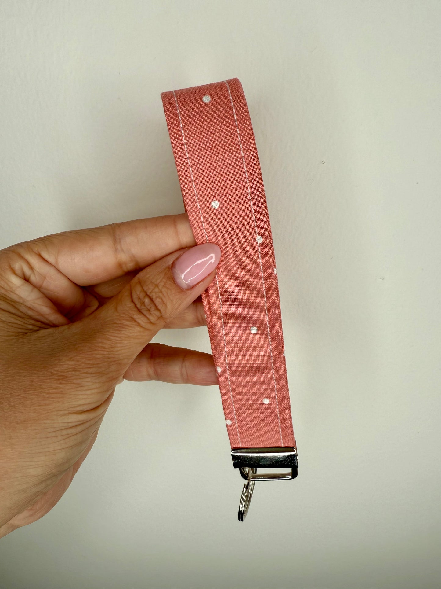 Handmade Cotton Fabric Keychain Wristlet Red peach colors