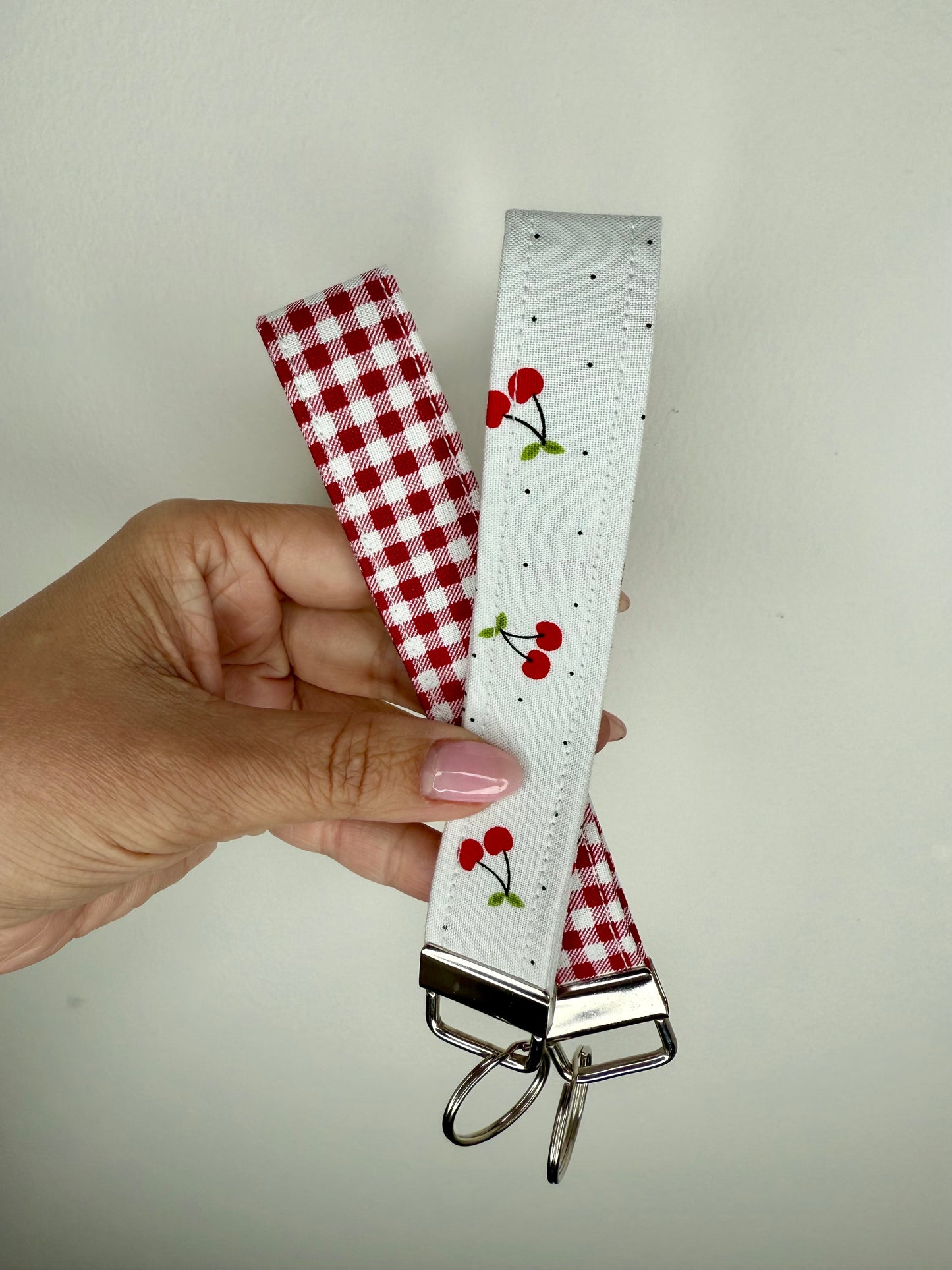 Handmade Cotton Fabric Keychain Wristlet Red peach colors