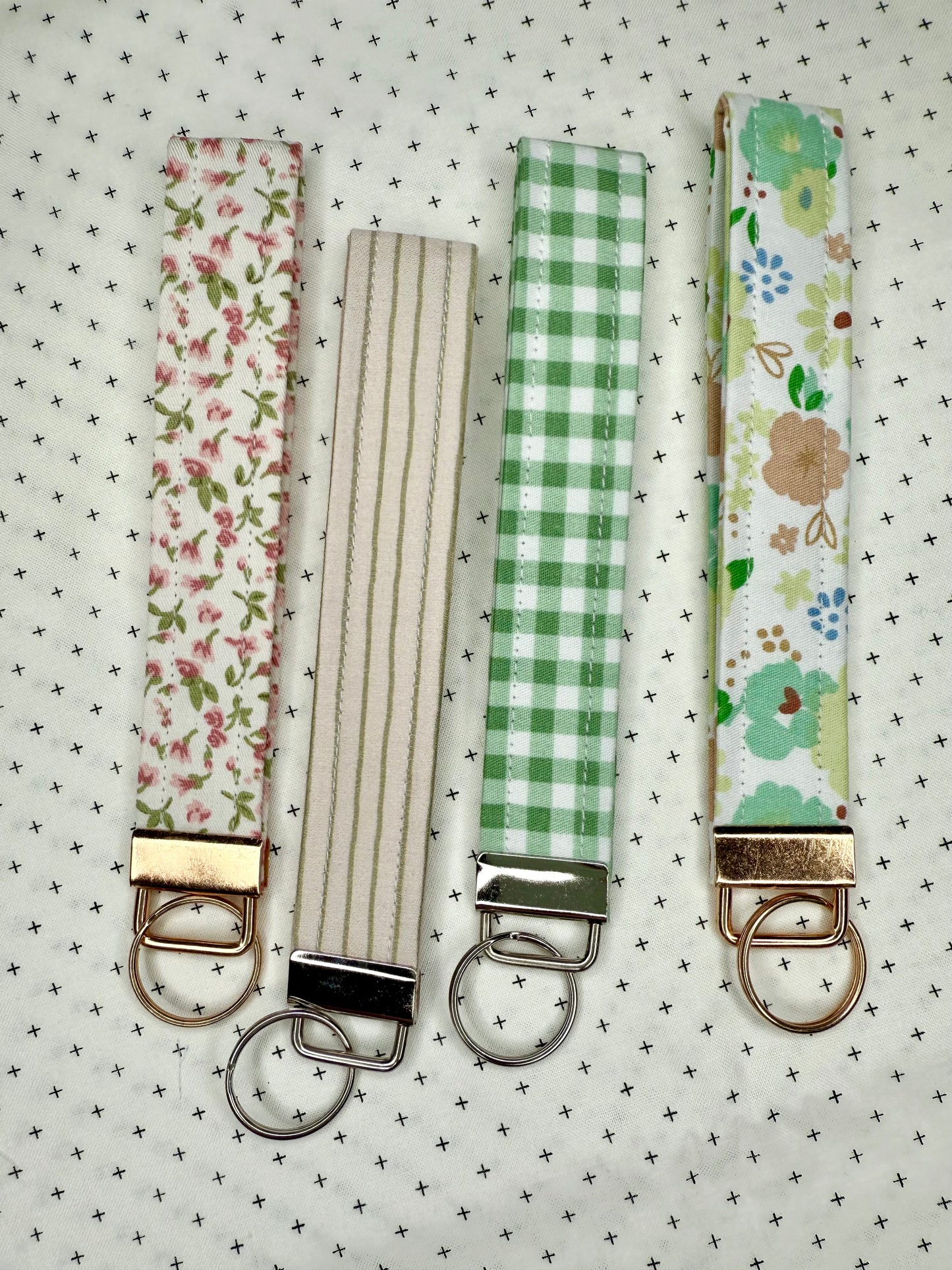 Handmade Cotton Fabric Green Wristlet Keychain Floral & Gingham Patterns