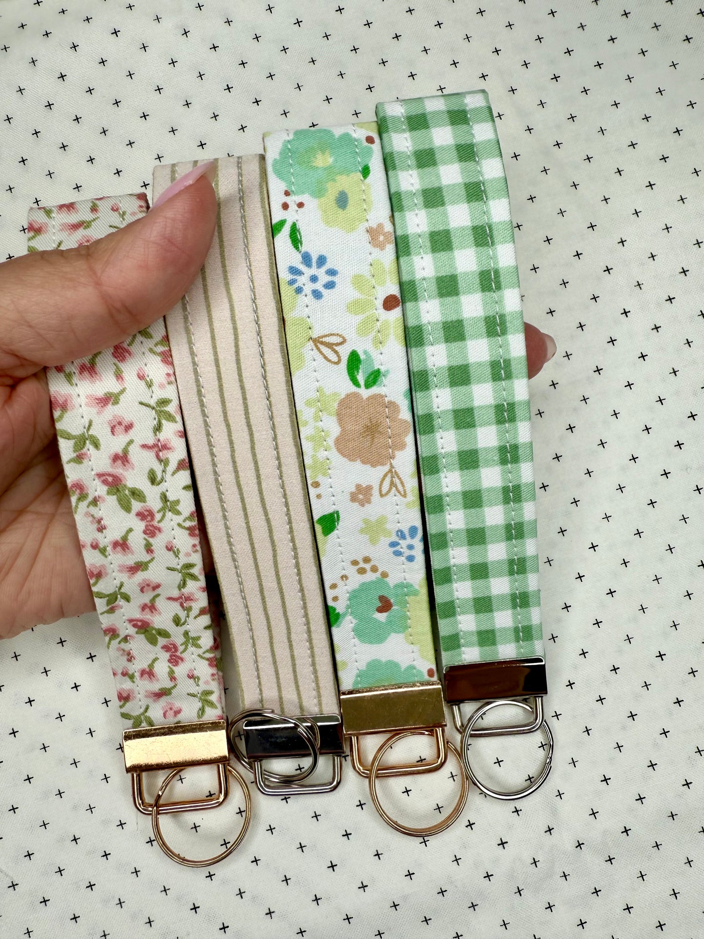 Handmade Cotton Fabric Green Wristlet Keychain Floral & Gingham Patterns