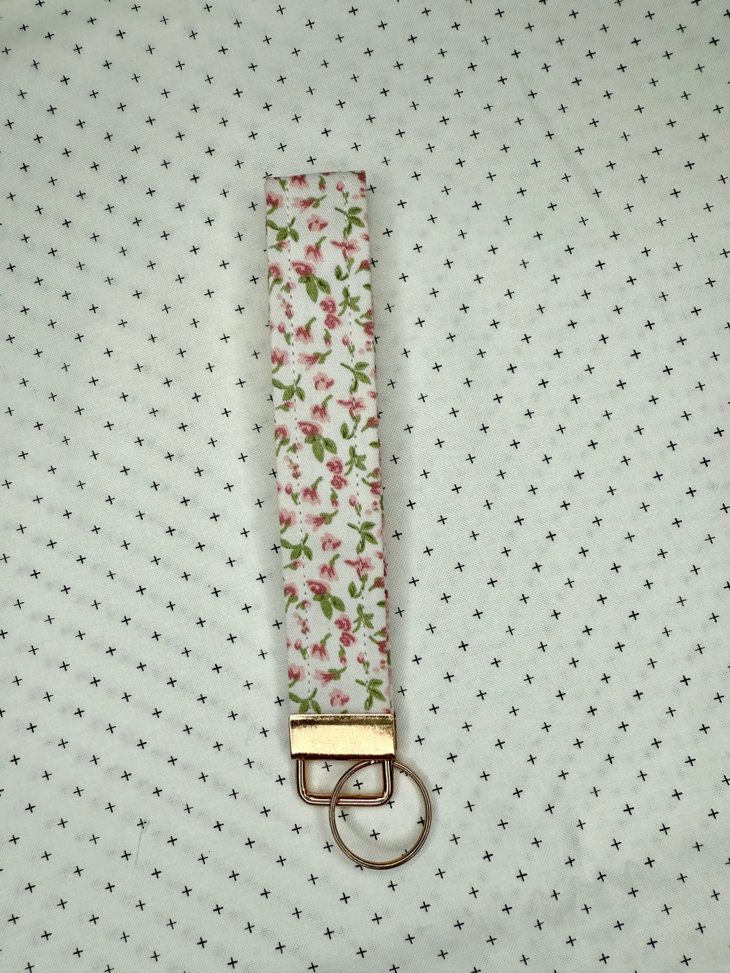 Handmade Cotton Fabric Green Wristlet Keychain Floral & Gingham Patterns