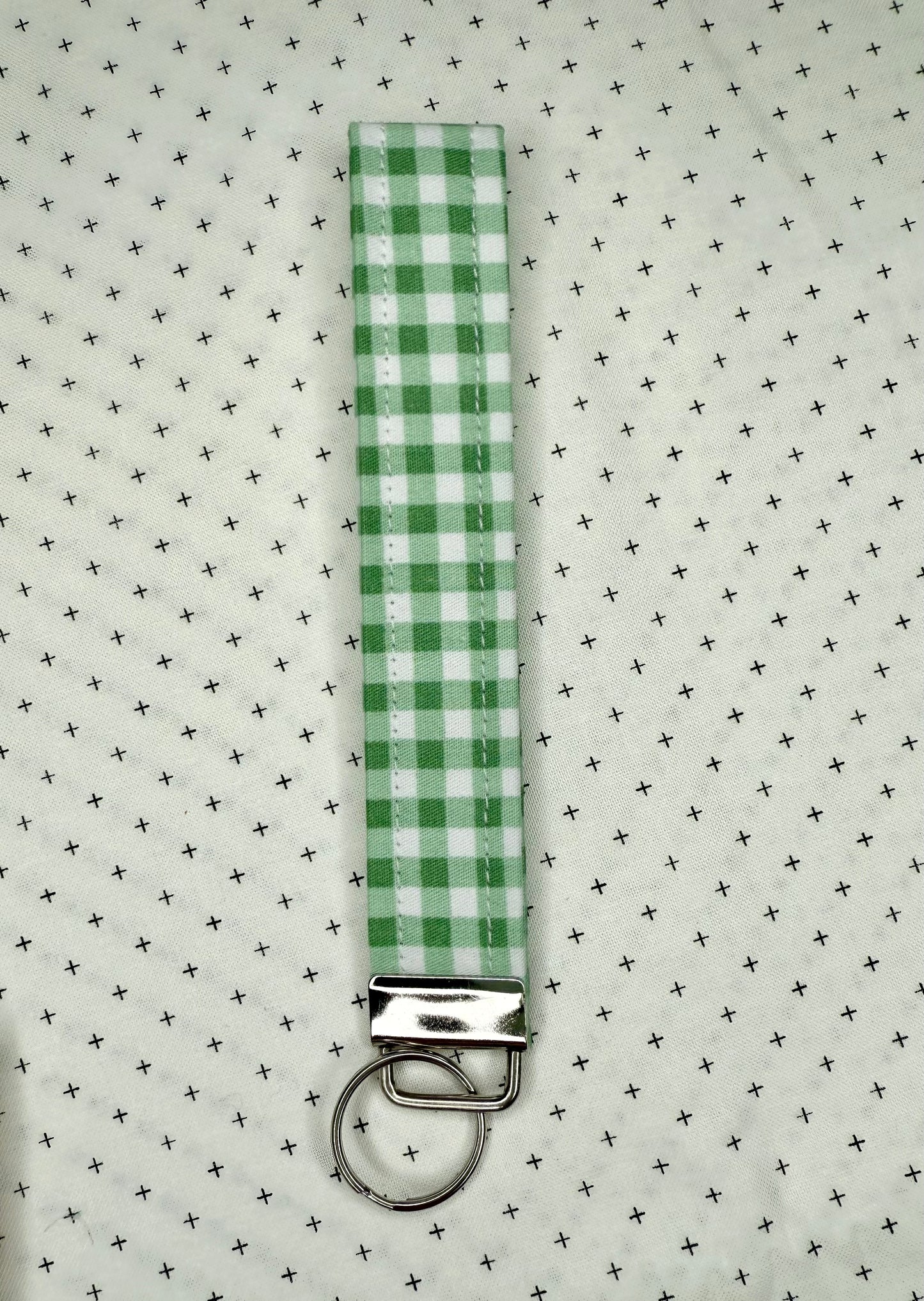 Handmade Cotton Fabric Green Wristlet Keychain Floral & Gingham Patterns