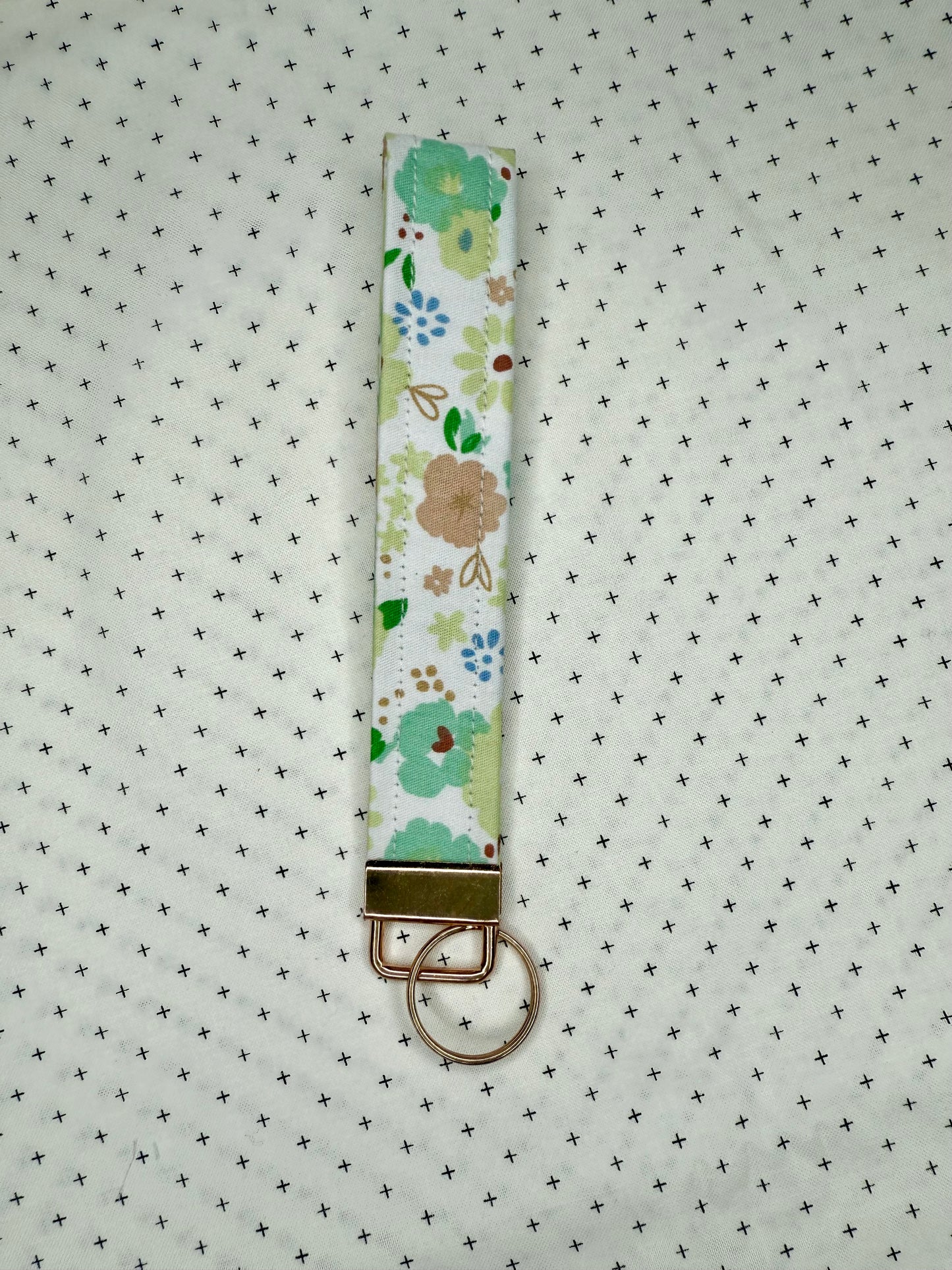 Handmade Cotton Fabric Green Wristlet Keychain Floral & Gingham Patterns
