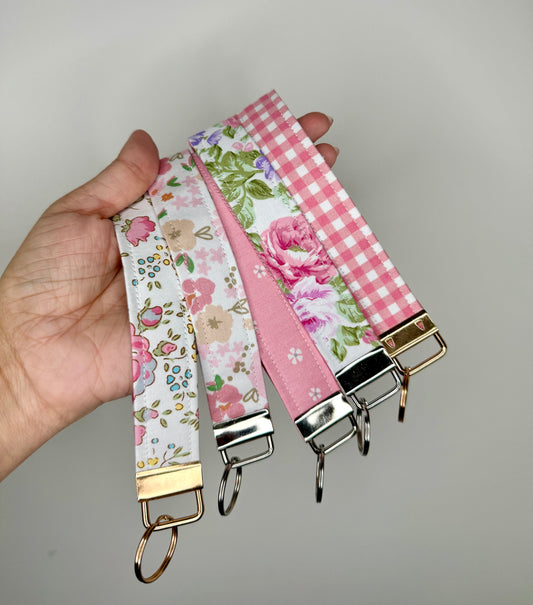 Handmade Cotton Fabric Keychain Wristlet Pink colors
