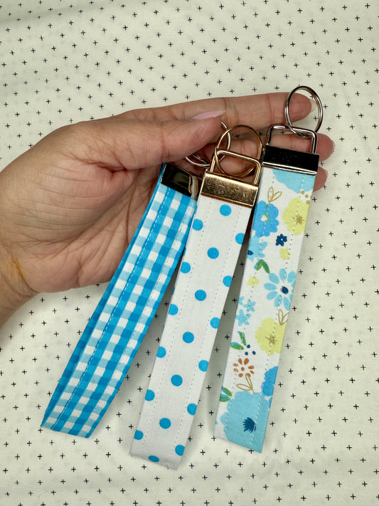 Handmade Cotton Fabric Blue Wristlet Keychain Floral & Gingham Patterns