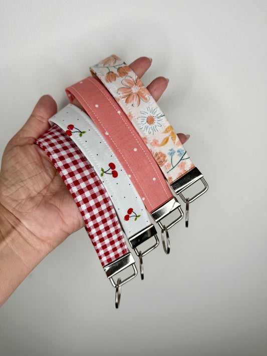 Handmade Cotton Fabric Keychain Wristlet Red peach colors