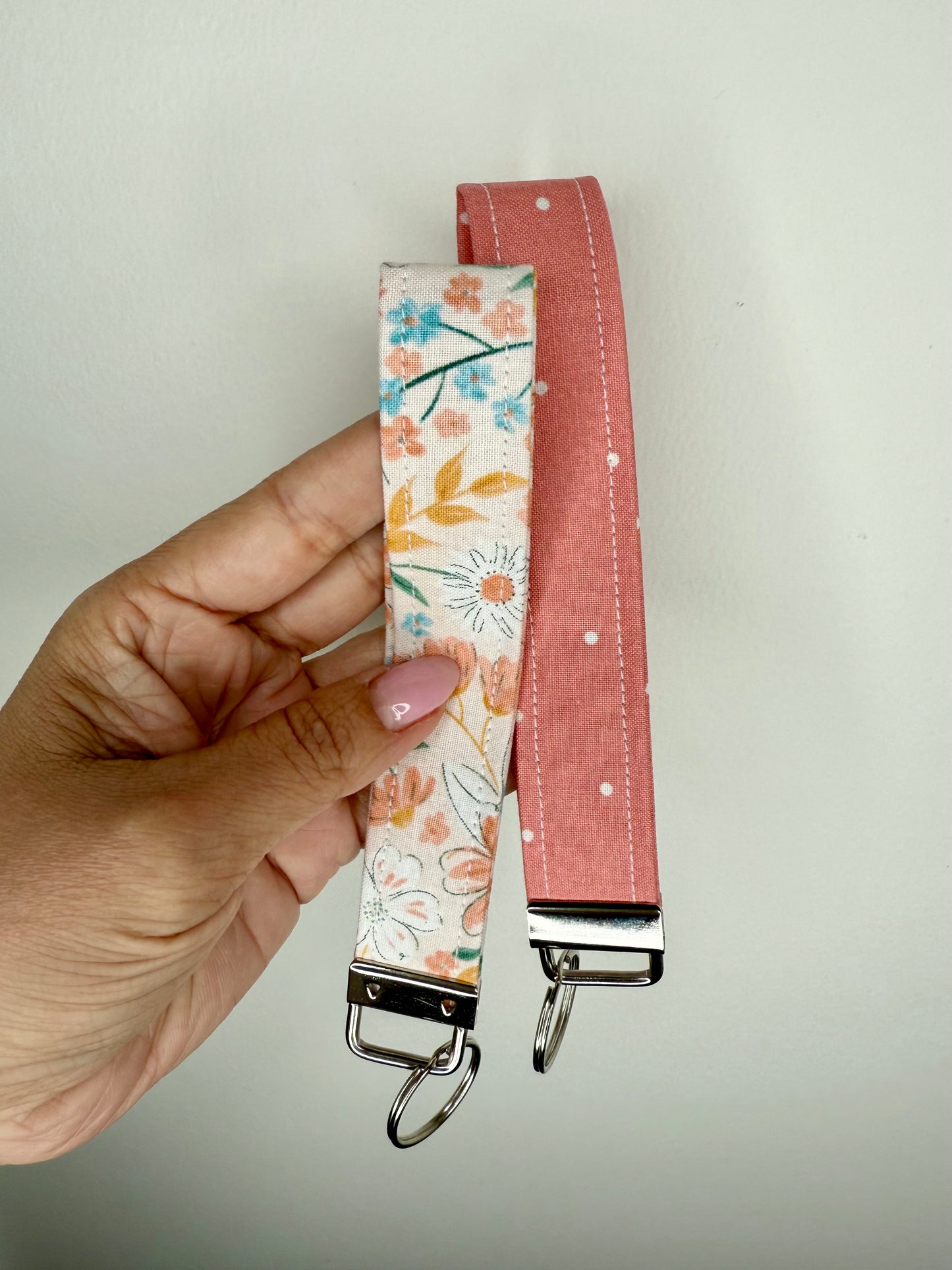 Handmade Cotton Fabric Keychain Wristlet Red peach colors