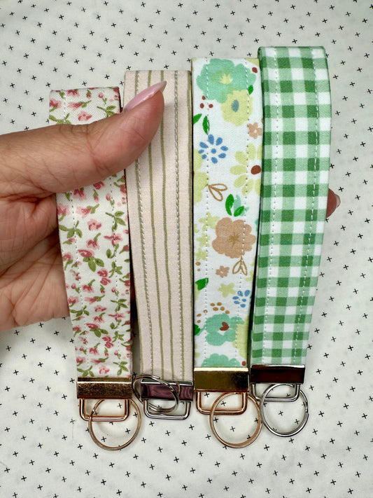 Handmade Cotton Fabric Green Wristlet Keychain Floral & Gingham Patterns