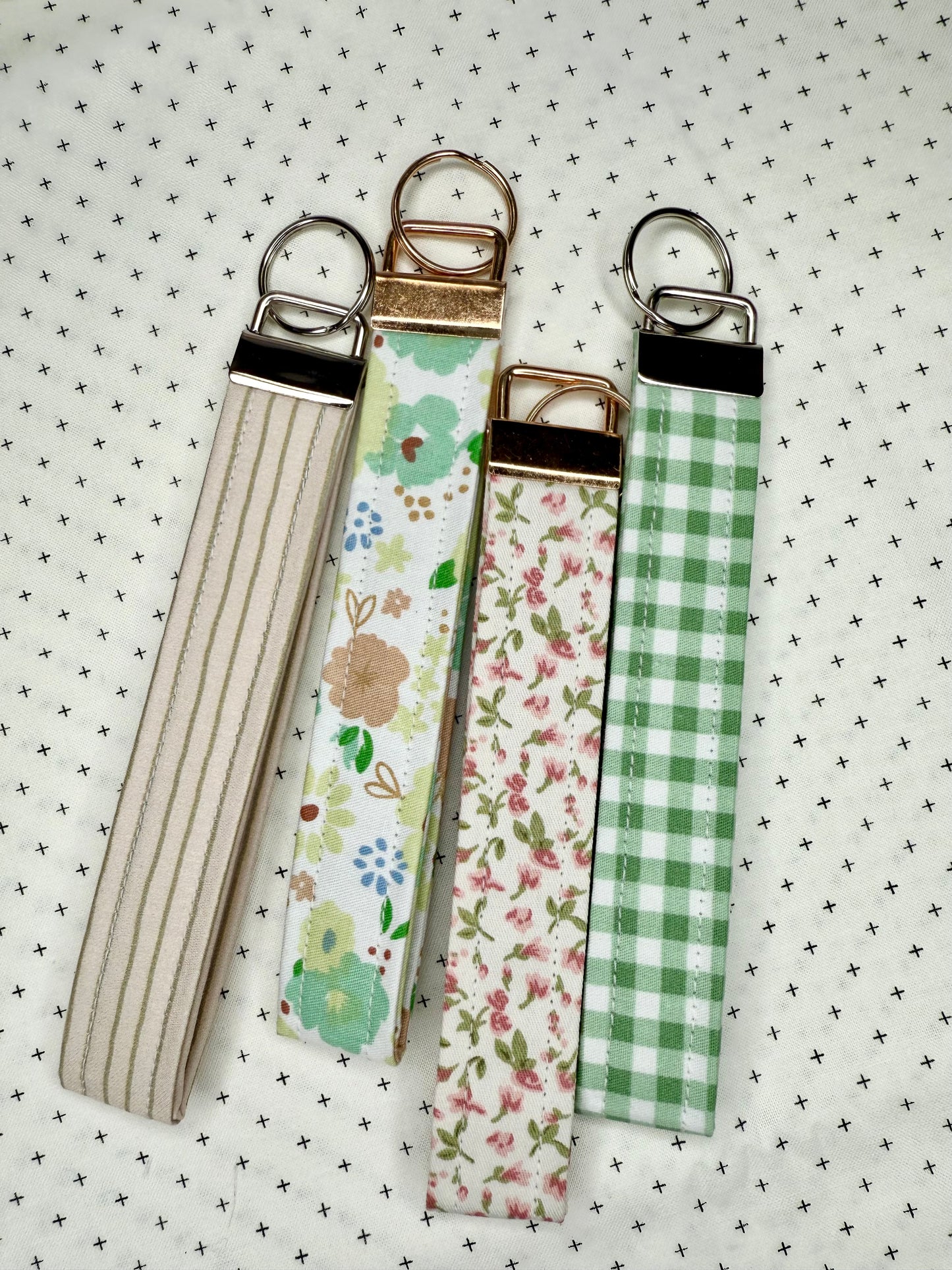 Handmade Cotton Fabric Green Wristlet Keychain Floral & Gingham Patterns