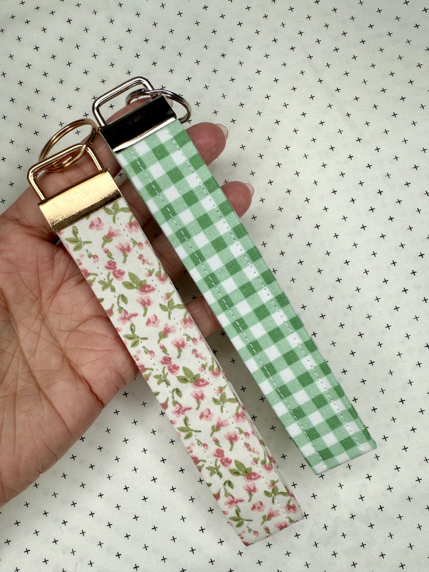 Handmade Cotton Fabric Green Wristlet Keychain Floral & Gingham Patterns